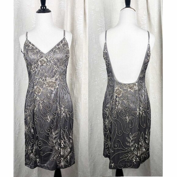 Sue Wong Nocturne beaded slip dress exposed back gray mesh embroidered floral - Picture 1 of 12